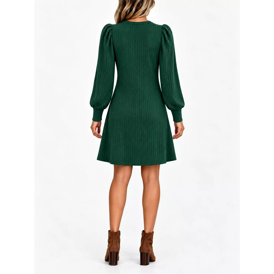Puff Sleeve Ribbed Knit Dress with Pockets Apparel and Accessories