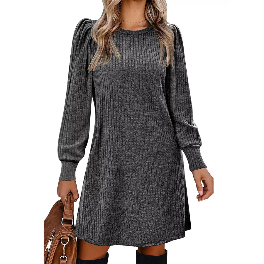 Puff Sleeve Ribbed Knit Dress with Pockets Apparel and Accessories