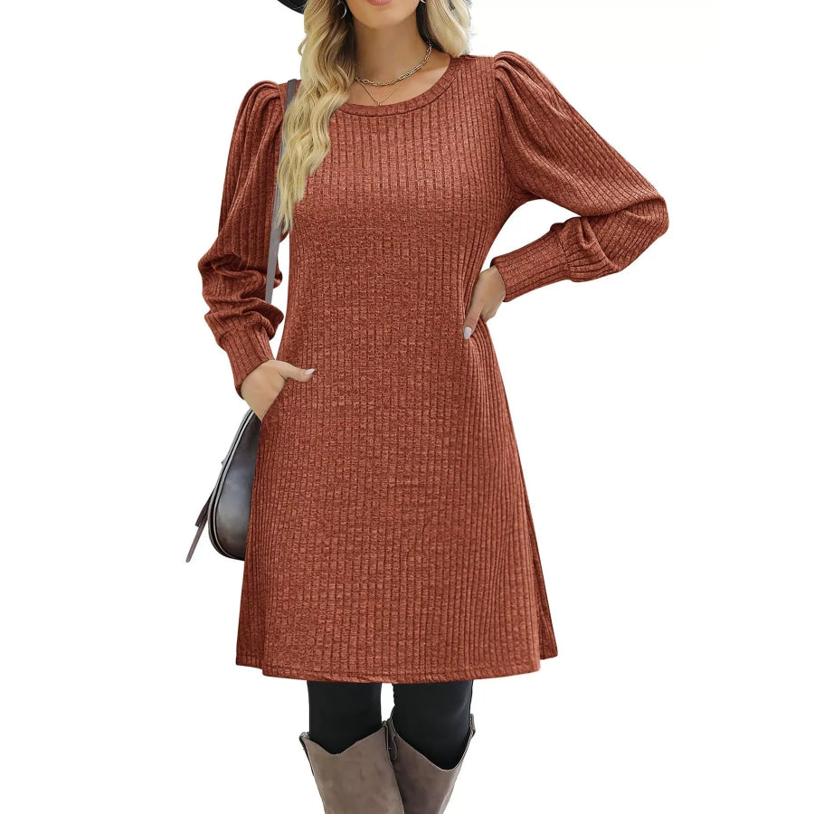 Puff Sleeve Ribbed Knit Dress with Pockets Apparel and Accessories