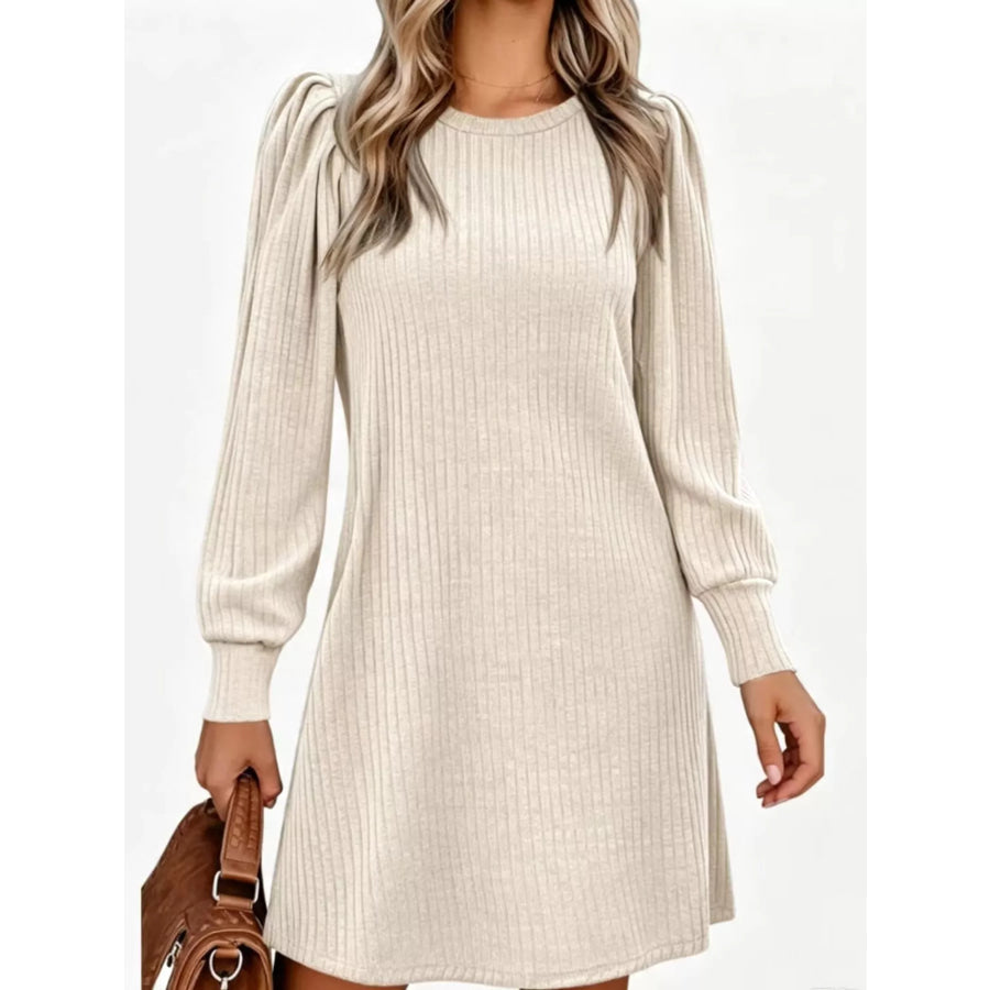 Puff Sleeve Ribbed Knit Dress with Pockets Apricot / S Apparel and Accessories