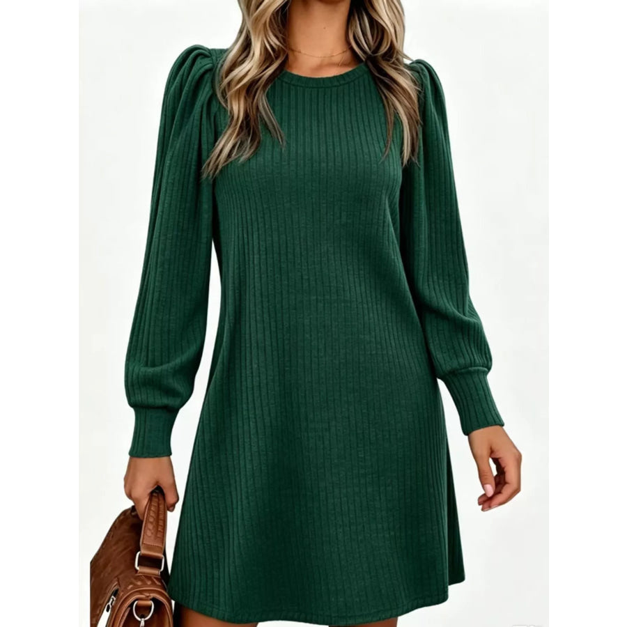 Puff Sleeve Ribbed Knit Dress with Pockets Black Forest / S Apparel and Accessories