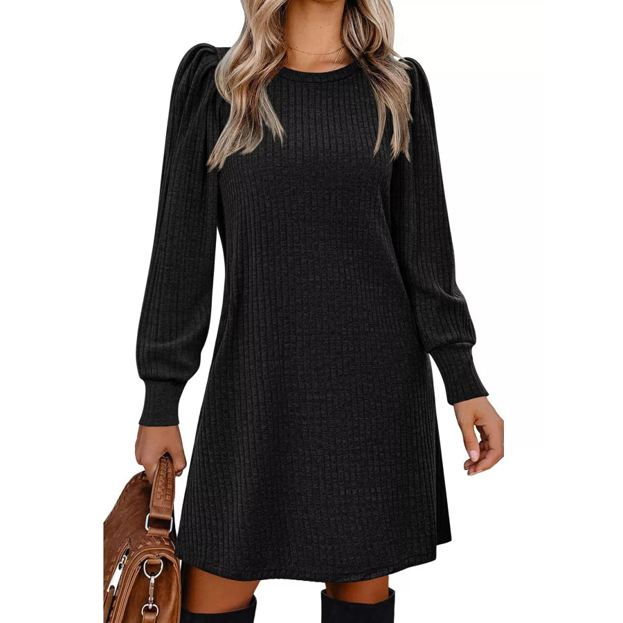 Puff Sleeve Ribbed Knit Dress with Pockets Black / S Apparel and Accessories