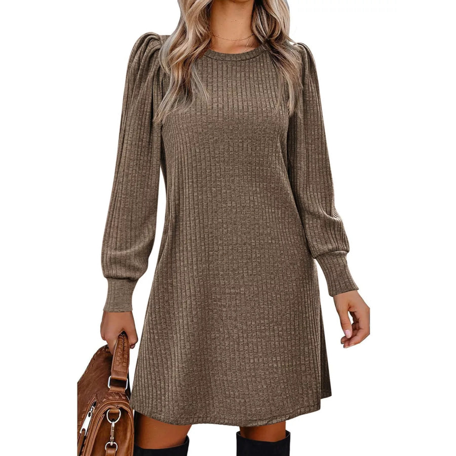 Puff Sleeve Ribbed Knit Dress with Pockets Brown / S Apparel and Accessories