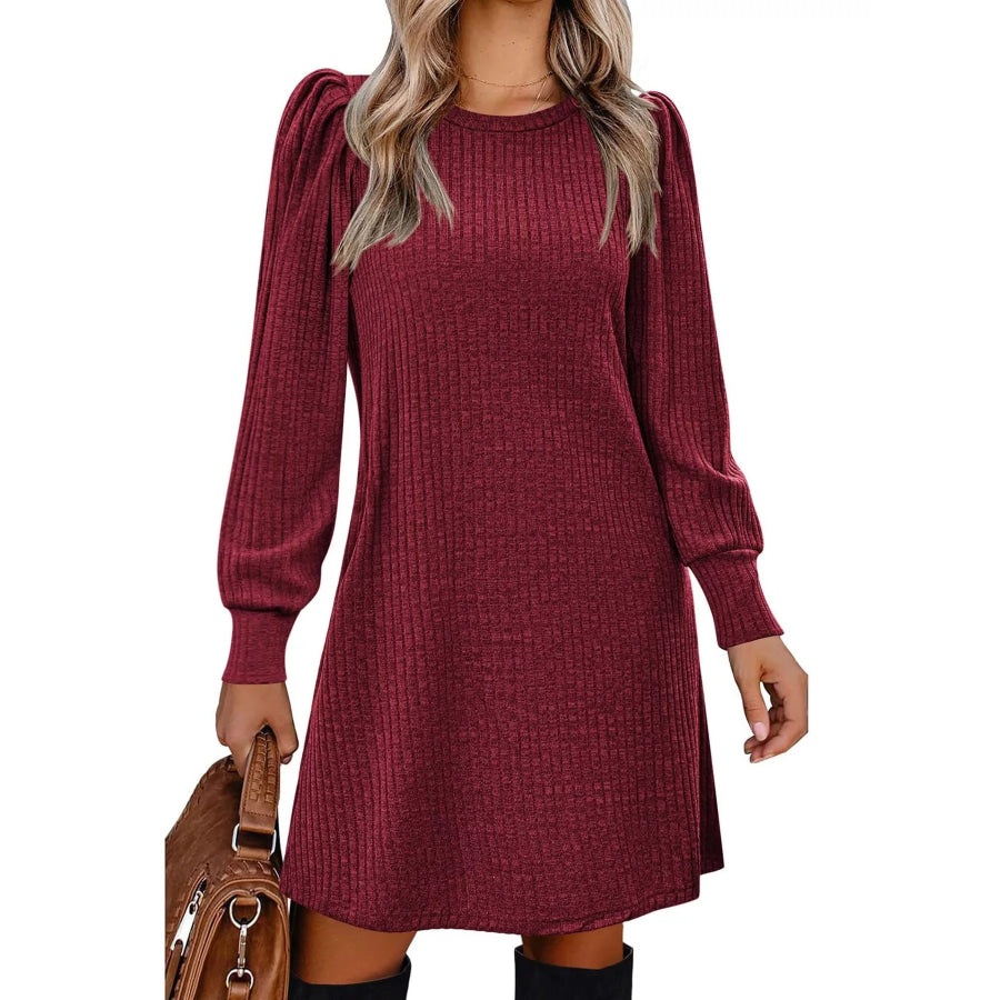 Puff Sleeve Ribbed Knit Dress with Pockets Burgundy / S Apparel and Accessories