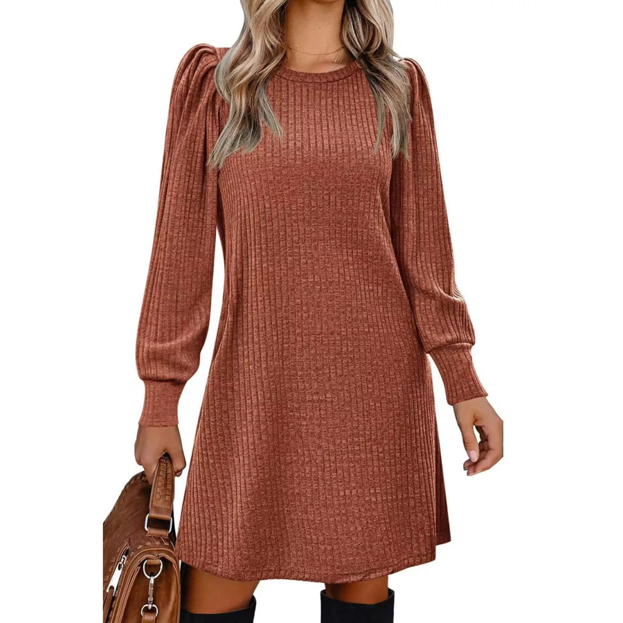 Puff Sleeve Ribbed Knit Dress with Pockets Caramel / S Apparel and Accessories