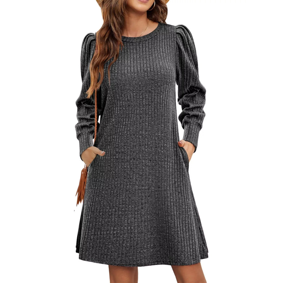 Puff Sleeve Ribbed Knit Dress with Pockets Grey / S Apparel and Accessories