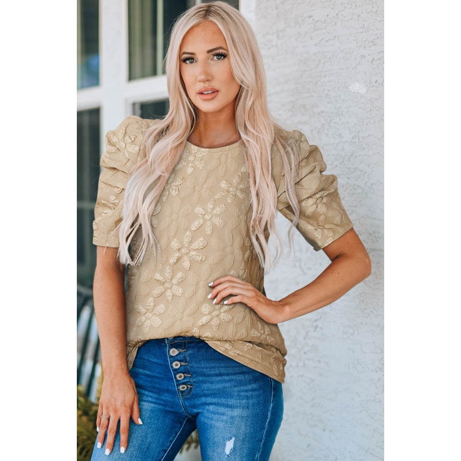 Puff Sleeve Round Neck Blouse Khaki / S