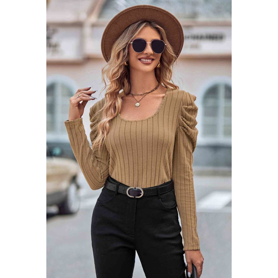 Puff Sleeve Round Neck T-Shirt Camel / S Clothing