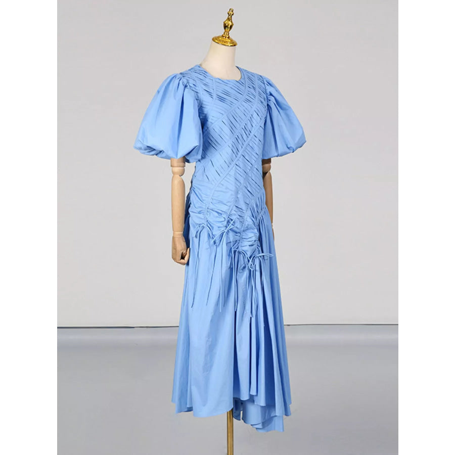 Puff Sleeve Ruched Midi Dress Apparel and Accessories