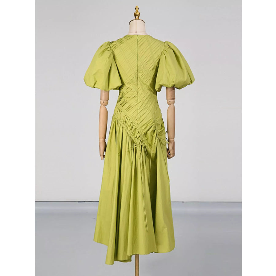 Puff Sleeve Ruched Midi Dress Apparel and Accessories