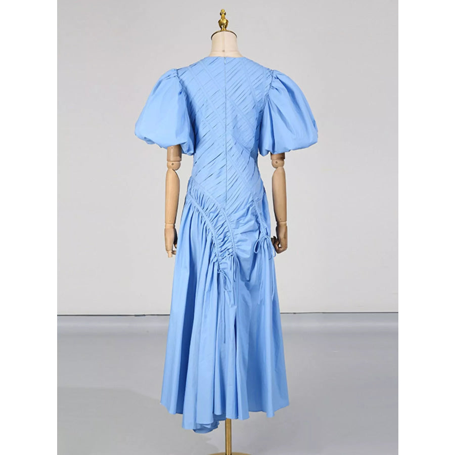 Puff Sleeve Ruched Midi Dress Apparel and Accessories