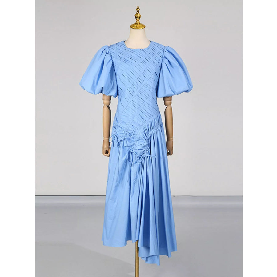 Puff Sleeve Ruched Midi Dress Blue / S Apparel and Accessories