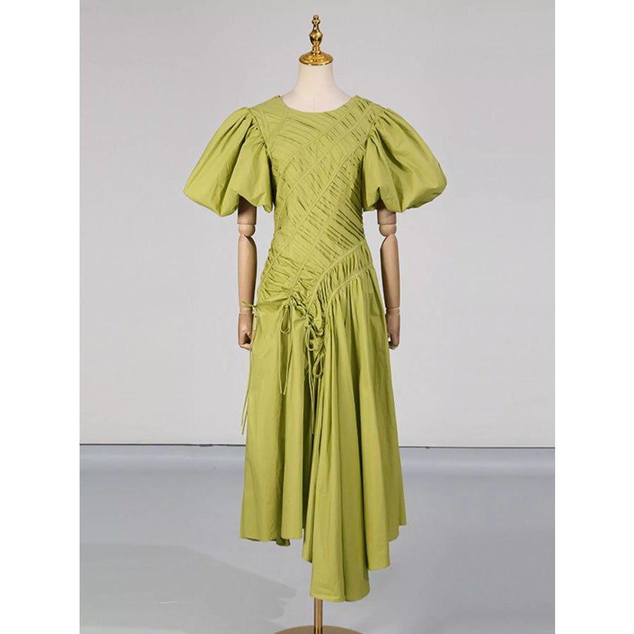 Puff Sleeve Ruched Midi Dress Green / S Apparel and Accessories