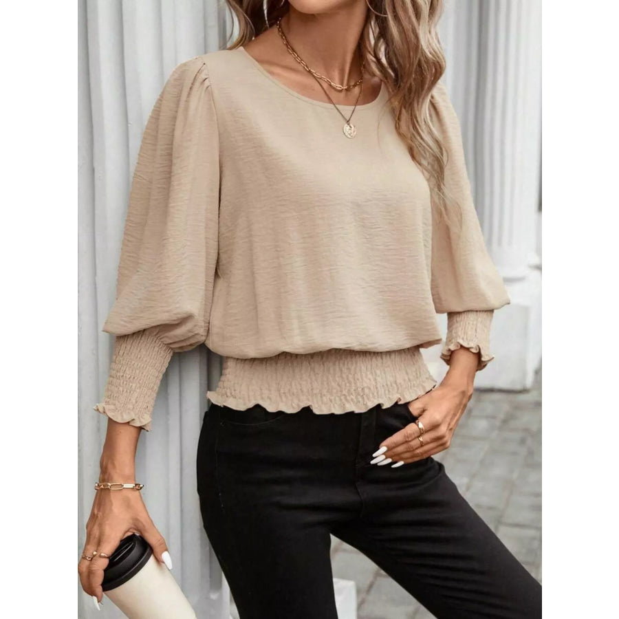 Puff Sleeve Smocked Blouse Khaki / S Apparel and Accessories