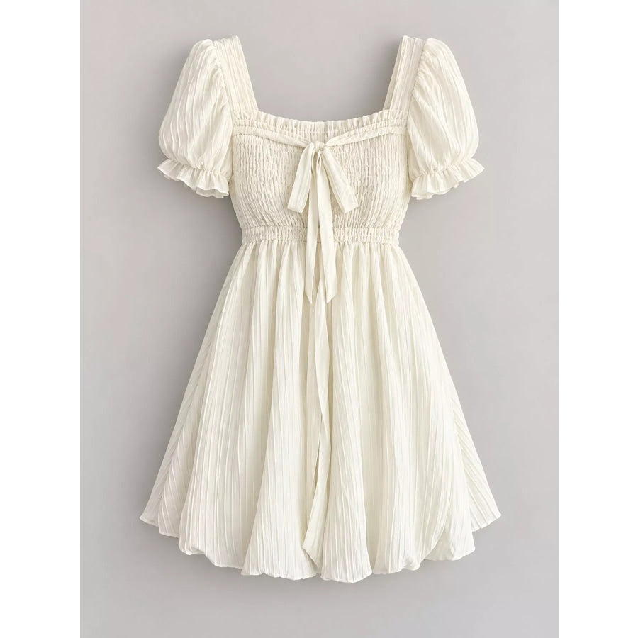 Puff-Sleeve Smocked Mini Dress with Tie-Front Detail Apparel and Accessories