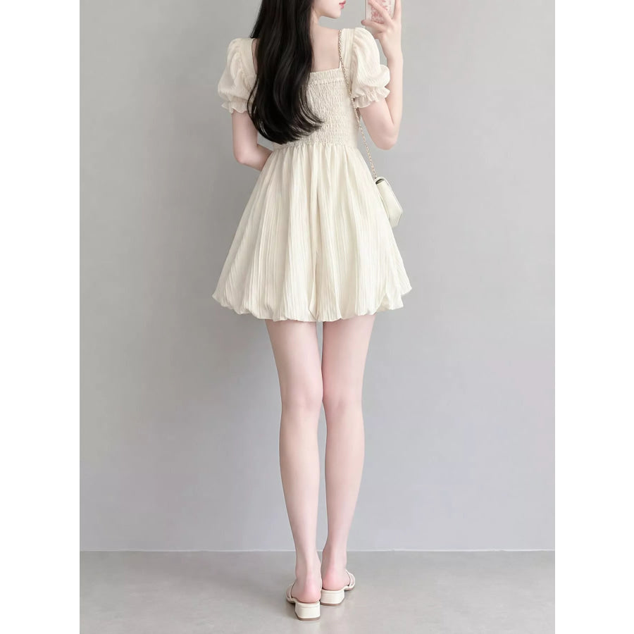 Puff-Sleeve Smocked Mini Dress with Tie-Front Detail Apparel and Accessories