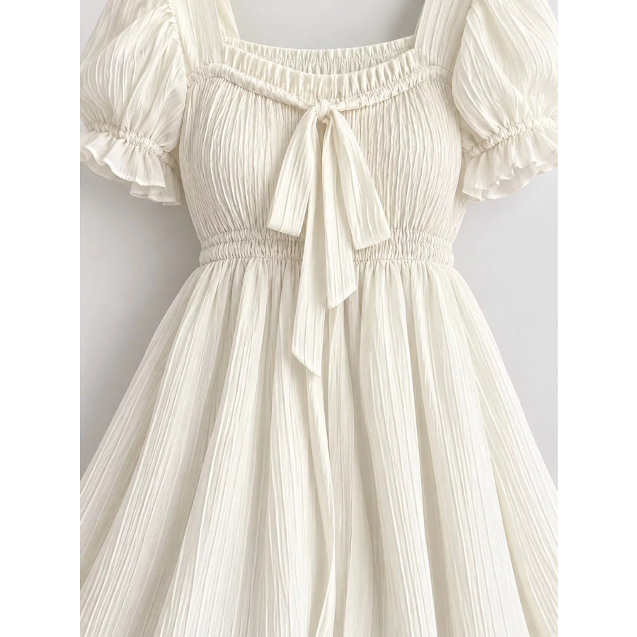 Puff-Sleeve Smocked Mini Dress with Tie-Front Detail Apparel and Accessories