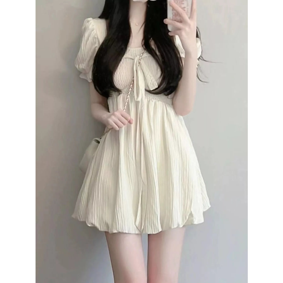 Puff-Sleeve Smocked Mini Dress with Tie-Front Detail Apparel and Accessories