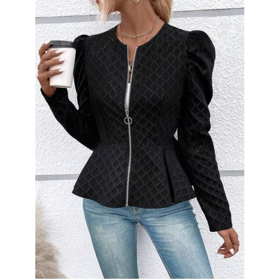 Puff Sleeve Textured Jacquard Jacket Black / S Apparel and Accessories