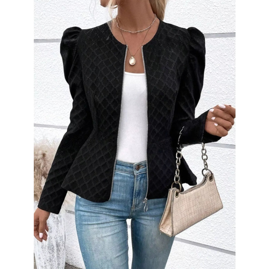 Puff Sleeve Textured Jacquard Jacket Black / S Apparel and Accessories