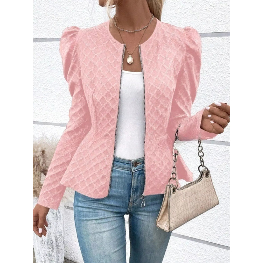 Puff Sleeve Textured Jacquard Jacket Pink / S Apparel and Accessories