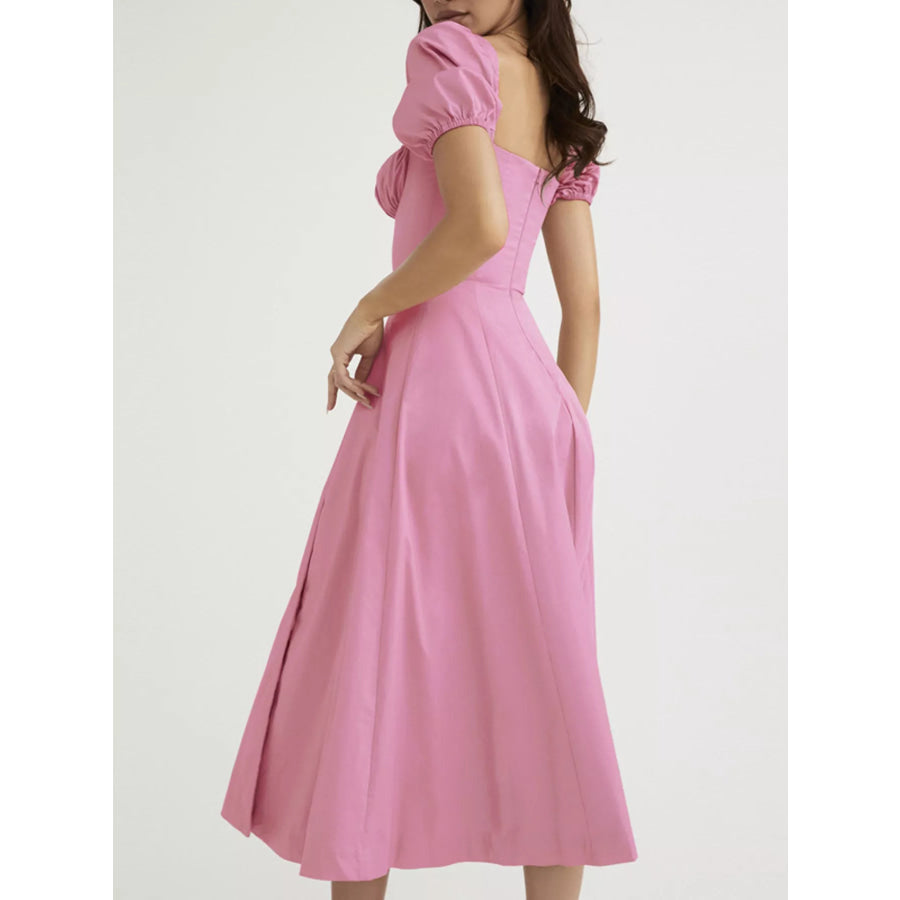 Puff Sleeve Tie Front Slit Midi Dress Apparel and Accessories