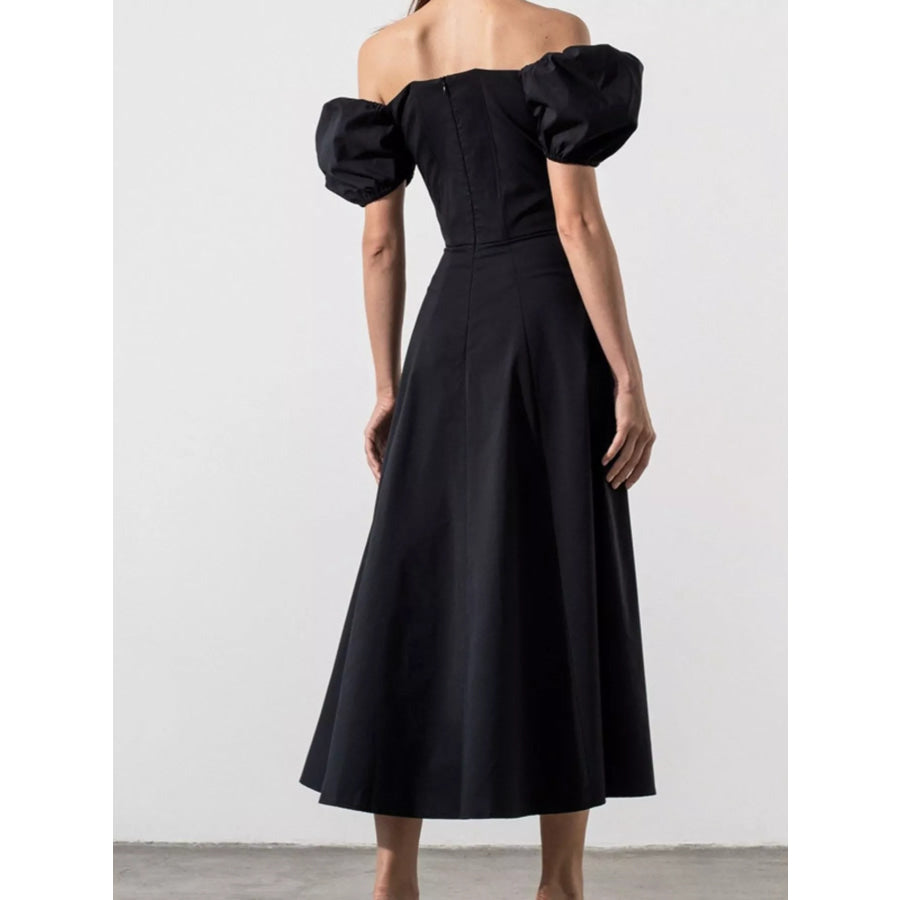 Puff Sleeve Tie Front Slit Midi Dress Apparel and Accessories