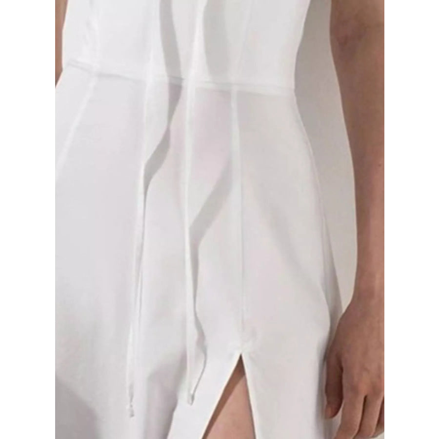 Puff Sleeve Tie Front Slit Midi Dress Apparel and Accessories