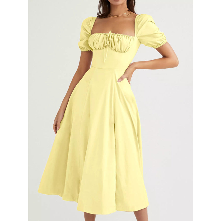 Puff Sleeve Tie Front Slit Midi Dress Apparel and Accessories