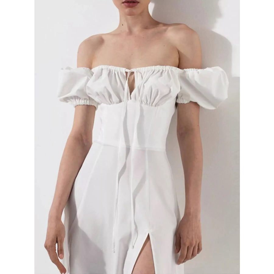 Puff Sleeve Tie Front Slit Midi Dress Apparel and Accessories