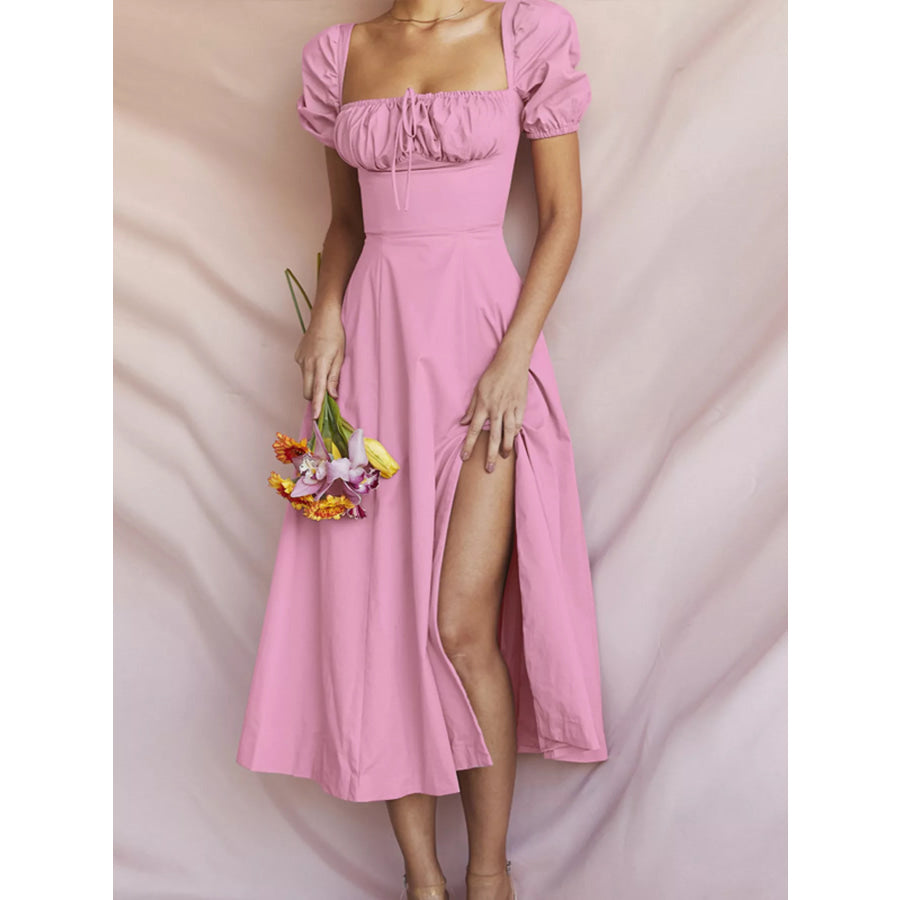 Puff Sleeve Tie Front Slit Midi Dress Apparel and Accessories