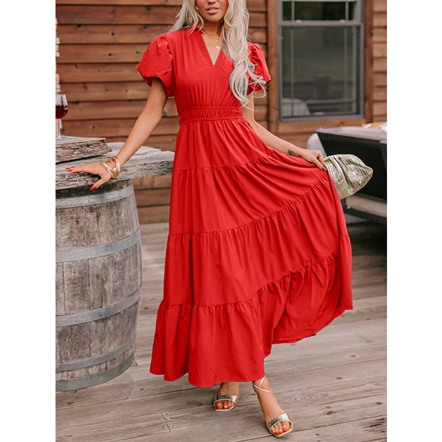 Puff Sleeve Tiered Maxi Dress Deep Red / S Apparel and Accessories