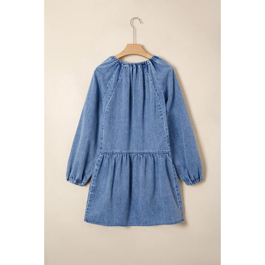 Puff Sleeve V Neck Ruffled Loose Denim Mini Dress Apparel and Accessories