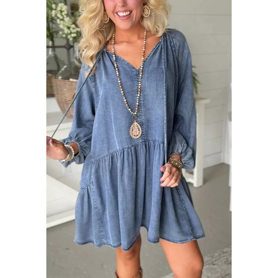 Puff Sleeve V Neck Ruffled Loose Denim Mini Dress Apparel and Accessories