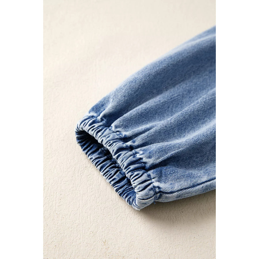 Puff Sleeve V Neck Ruffled Loose Denim Mini Dress Apparel and Accessories