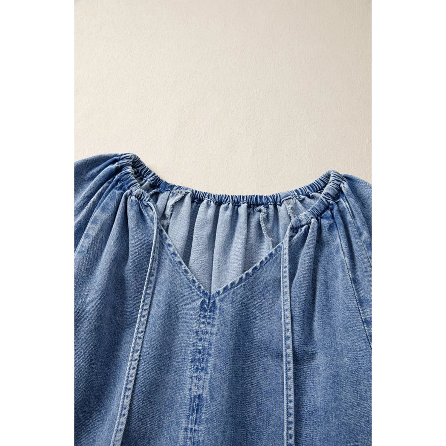 Puff Sleeve V Neck Ruffled Loose Denim Mini Dress Apparel and Accessories
