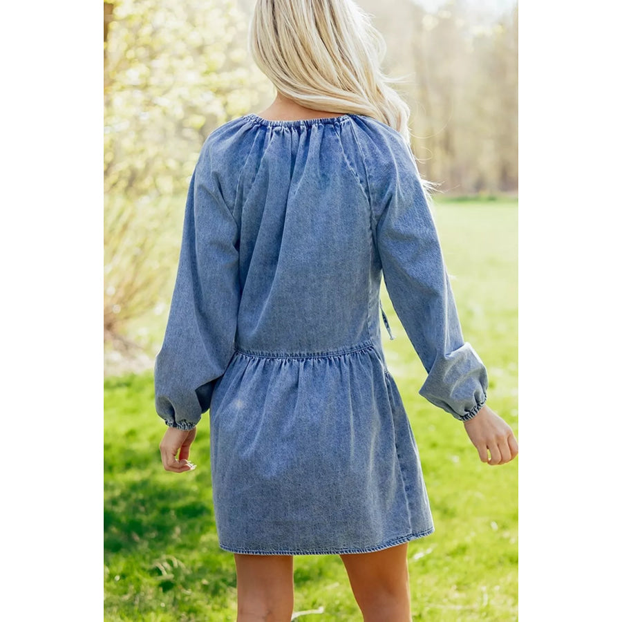 Puff Sleeve V Neck Ruffled Loose Denim Mini Dress Apparel and Accessories