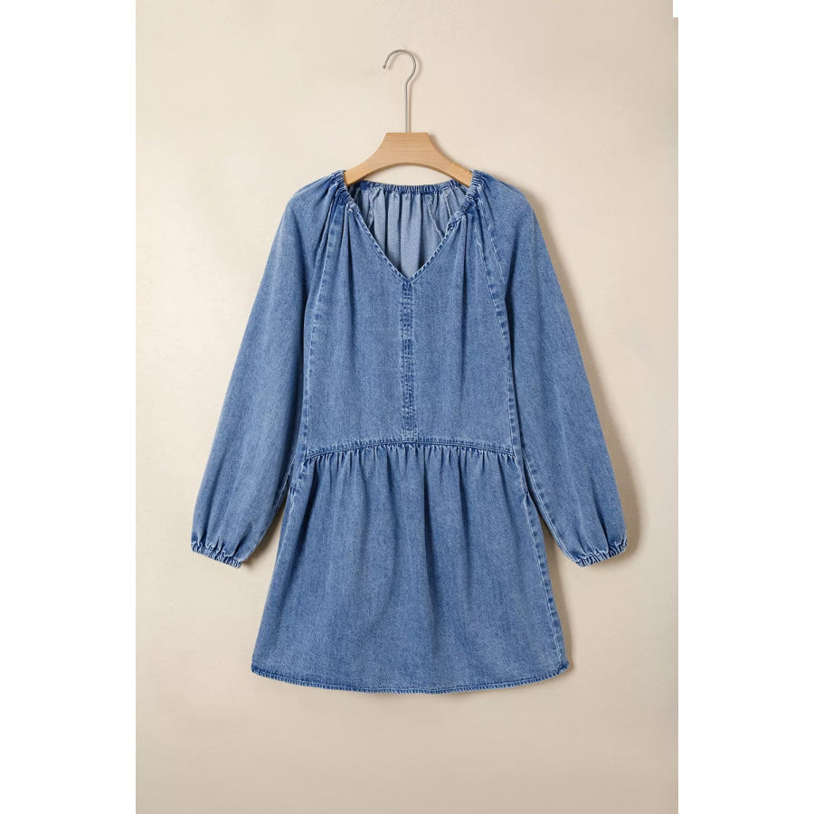 Puff Sleeve V Neck Ruffled Loose Denim Mini Dress Apparel and Accessories