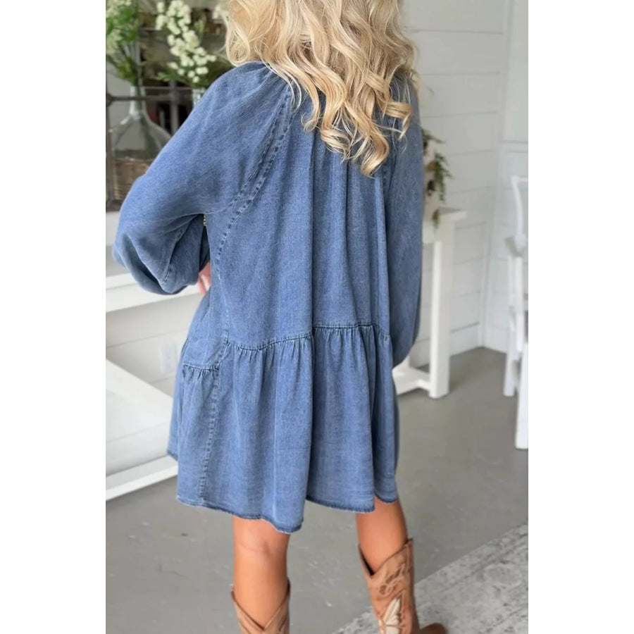 Puff Sleeve V Neck Ruffled Loose Denim Mini Dress Apparel and Accessories