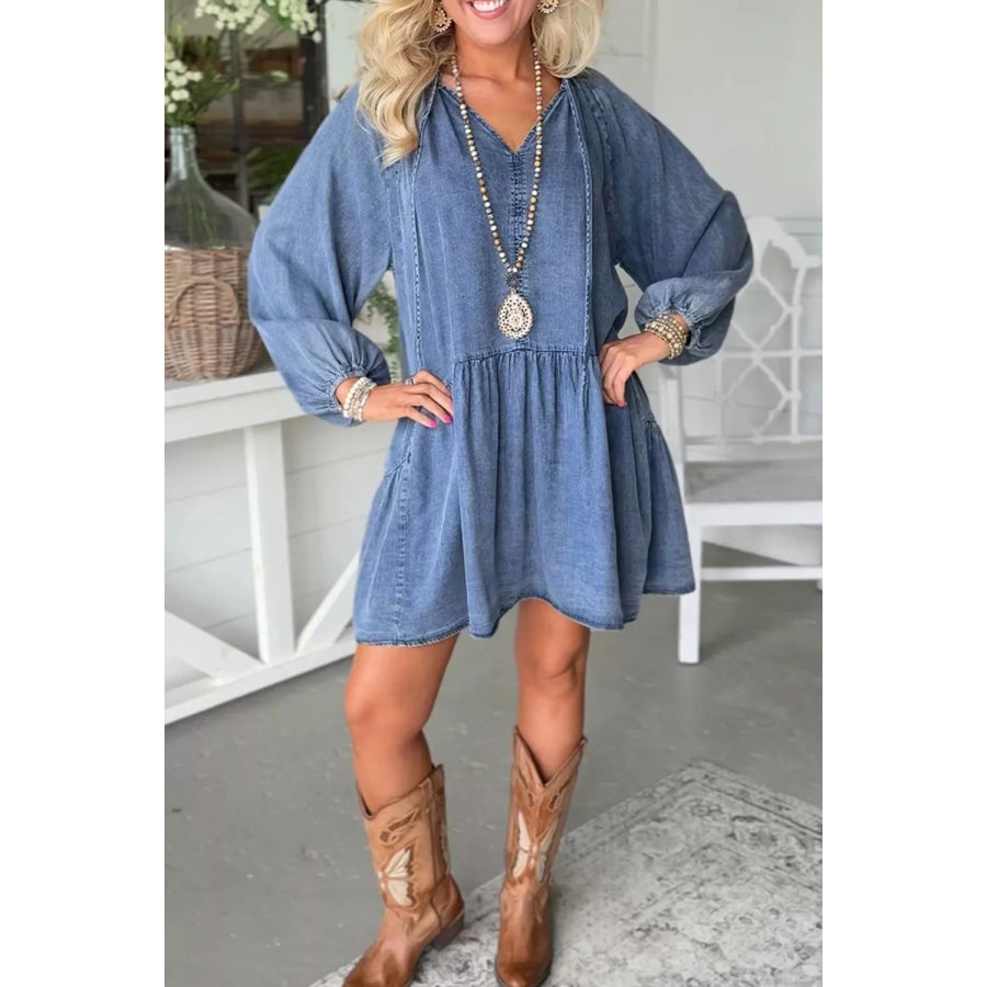 Puff Sleeve V Neck Ruffled Loose Denim Mini Dress Apparel and Accessories