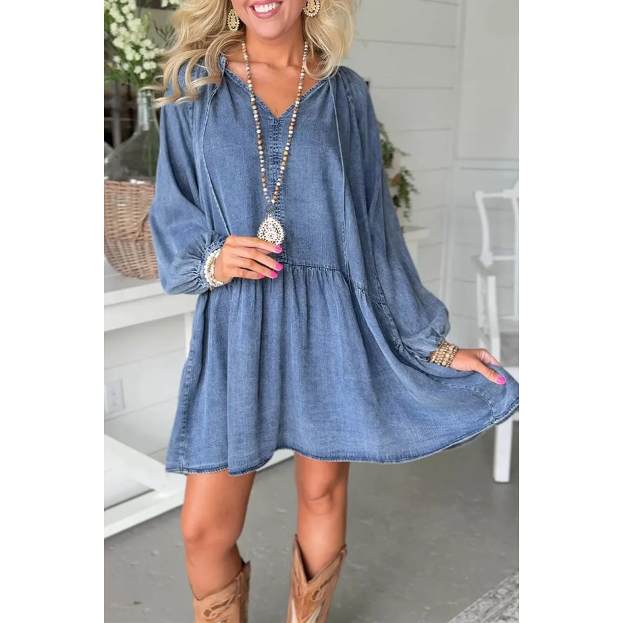 Puff Sleeve V Neck Ruffled Loose Denim Mini Dress Apparel and Accessories
