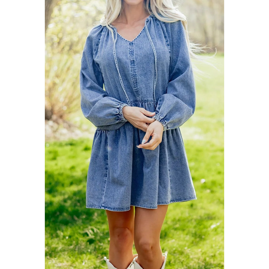 Puff Sleeve V Neck Ruffled Loose Denim Mini Dress Dusty Blue / S Apparel and Accessories