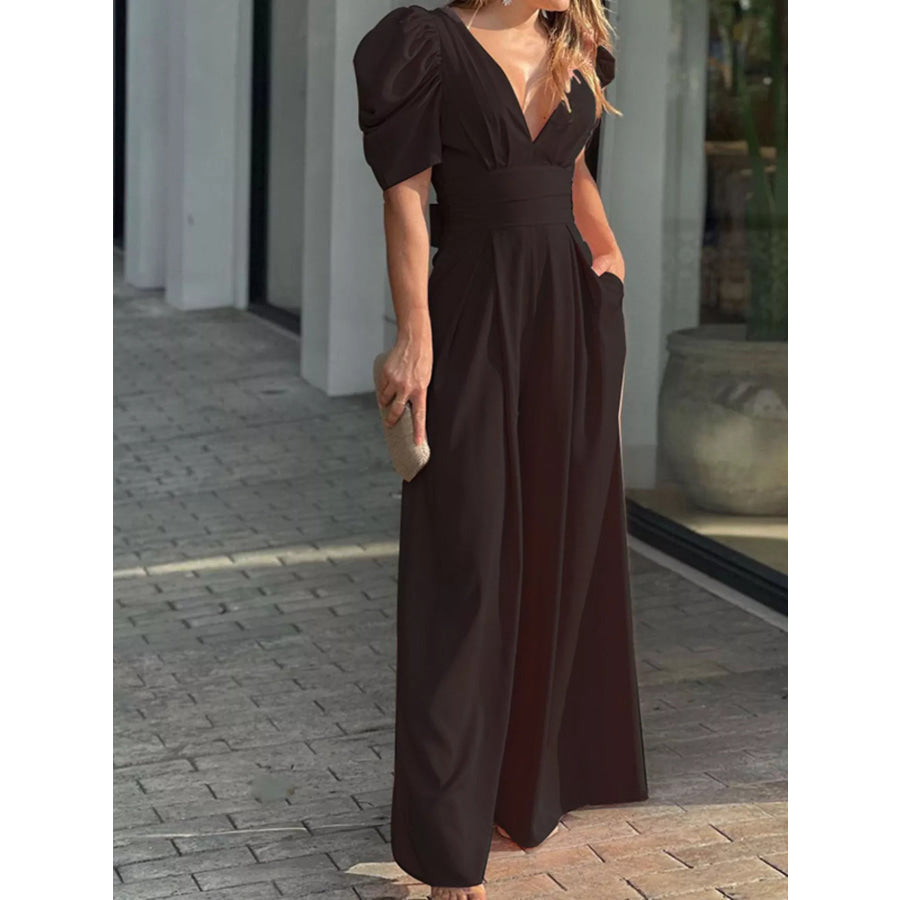 Puff Sleeve Wide Leg Jumpsuit Black / S Apparel and Accessories