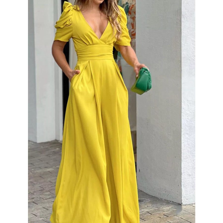 Puff Sleeve Wide Leg Jumpsuit Canary Yellow / S Apparel and Accessories