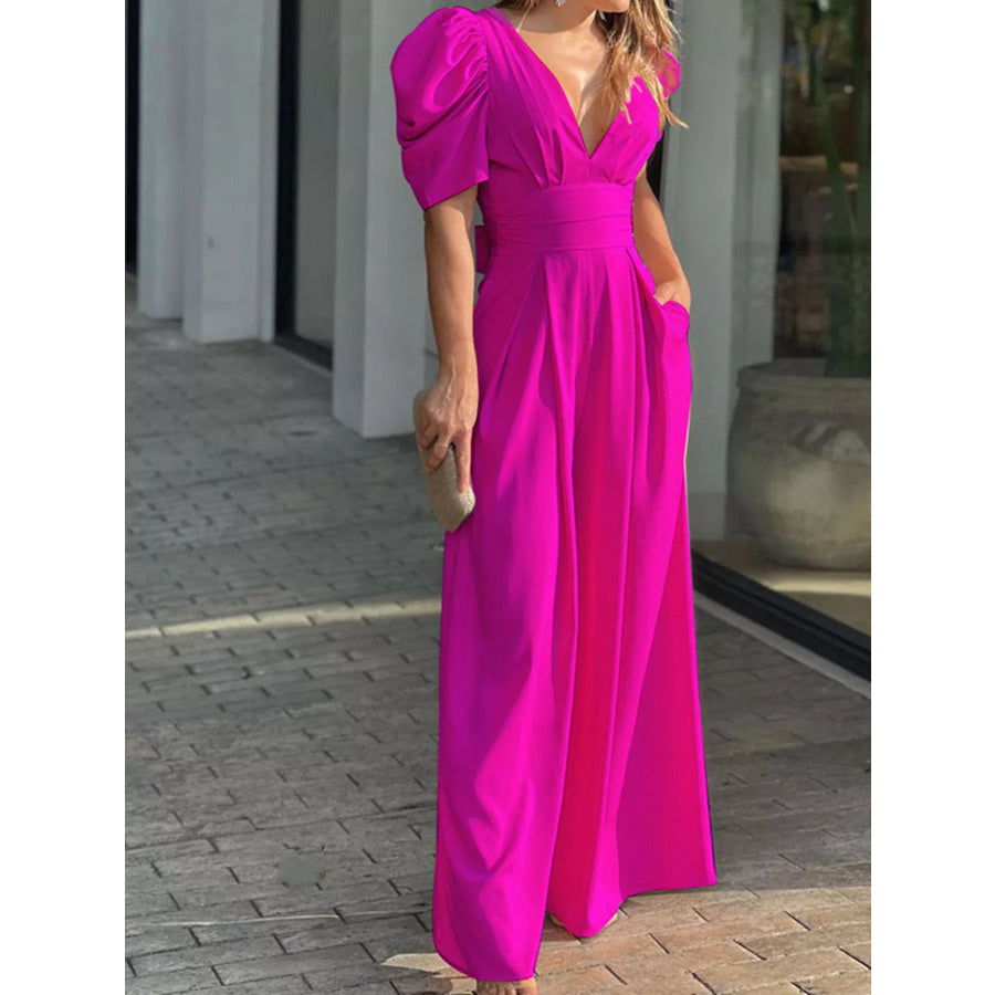 Puff Sleeve Wide Leg Jumpsuit Hot Pink / S Apparel and Accessories