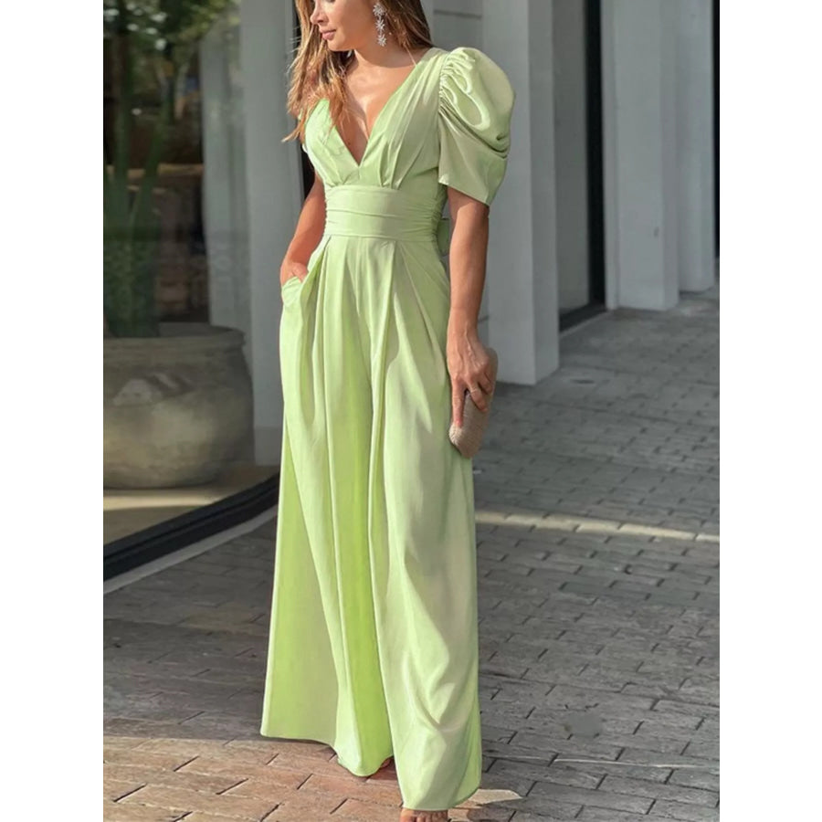 Puff Sleeve Wide Leg Jumpsuit Light Green / S Apparel and Accessories