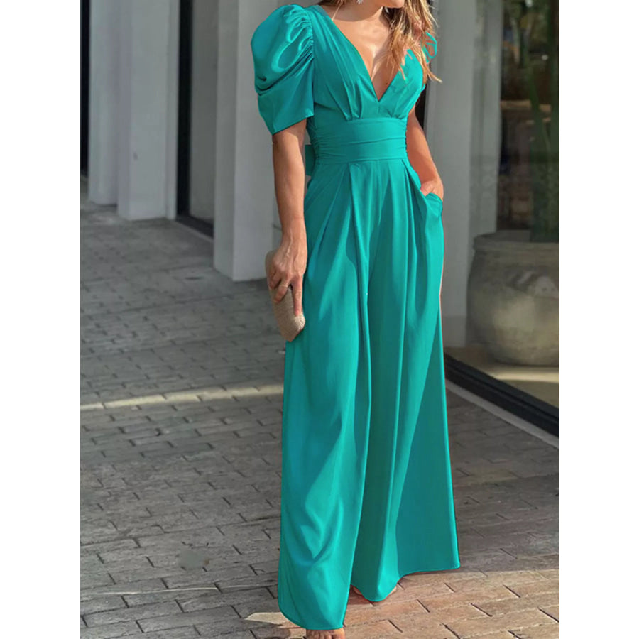 Puff Sleeve Wide Leg Jumpsuit Teal / S Apparel and Accessories