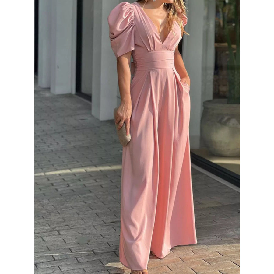 Puff Sleeve Wide Leg Jumpsuit Watermelon pink / S Apparel and Accessories
