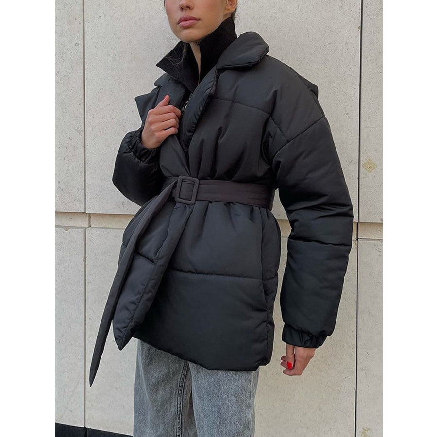 Puffer Long Sleeve Winter Coat with Belt Black / S Apparel and Accessories