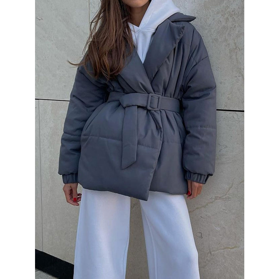 Puffer Long Sleeve Winter Coat with Belt Gray / S Apparel and Accessories